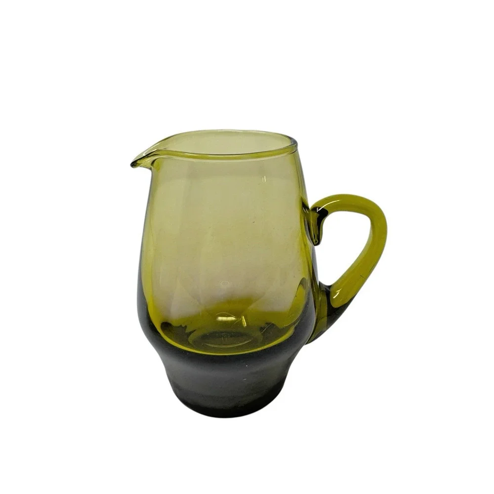MCM Avocado Green Handblown Glass Pitcher & Cup Lot of 2 Mid Century Modern